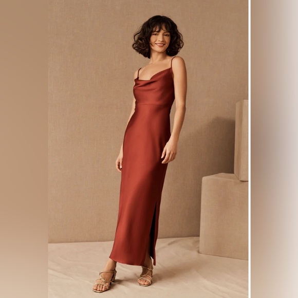 NEW Anthropologie BHLDN Cali Satin Charmeuse Midi Slip Dress Size 12 Rust NWT - Picture 1 of 11